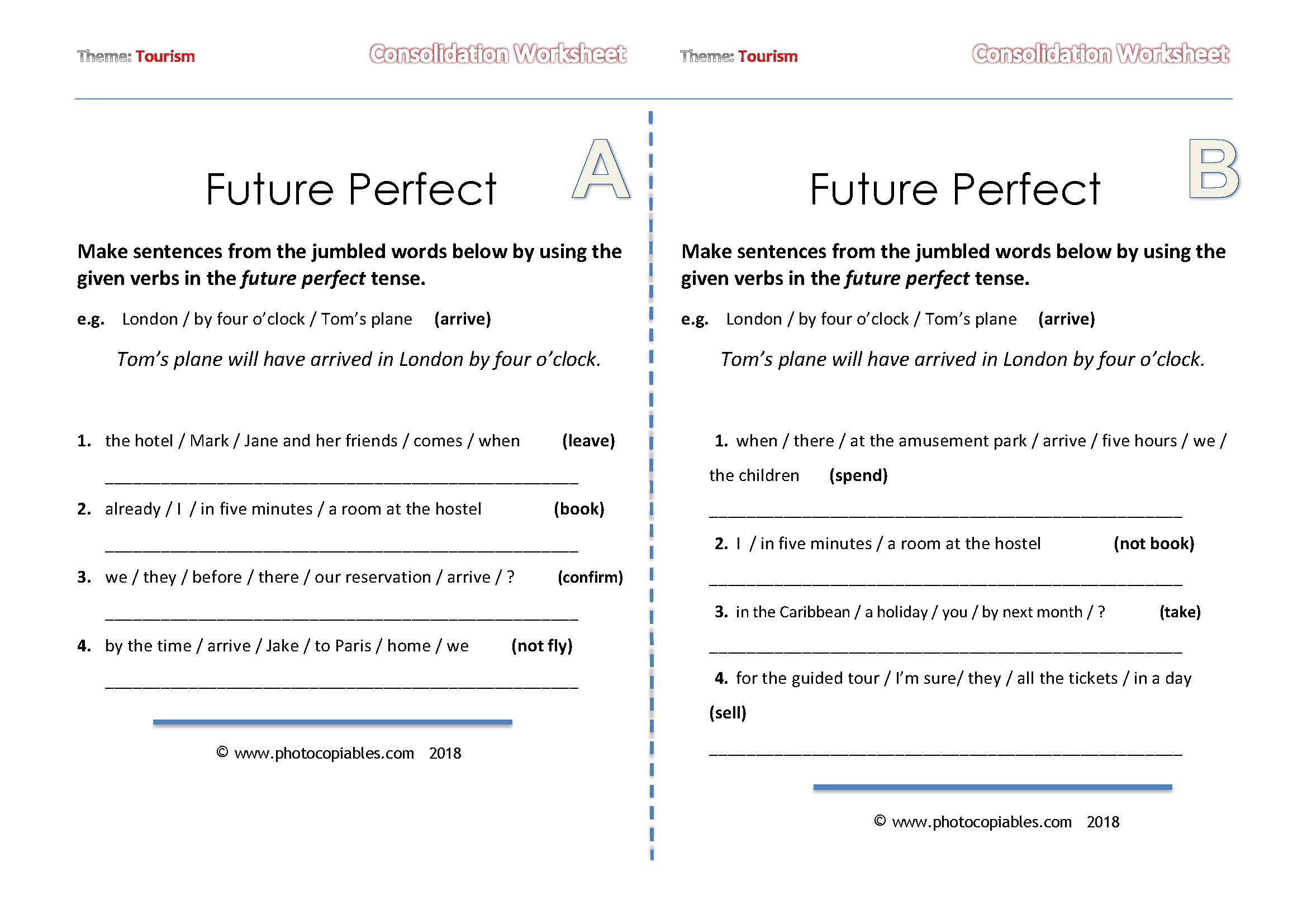 future perfect jumbled sentences consolidation a-b worksheet