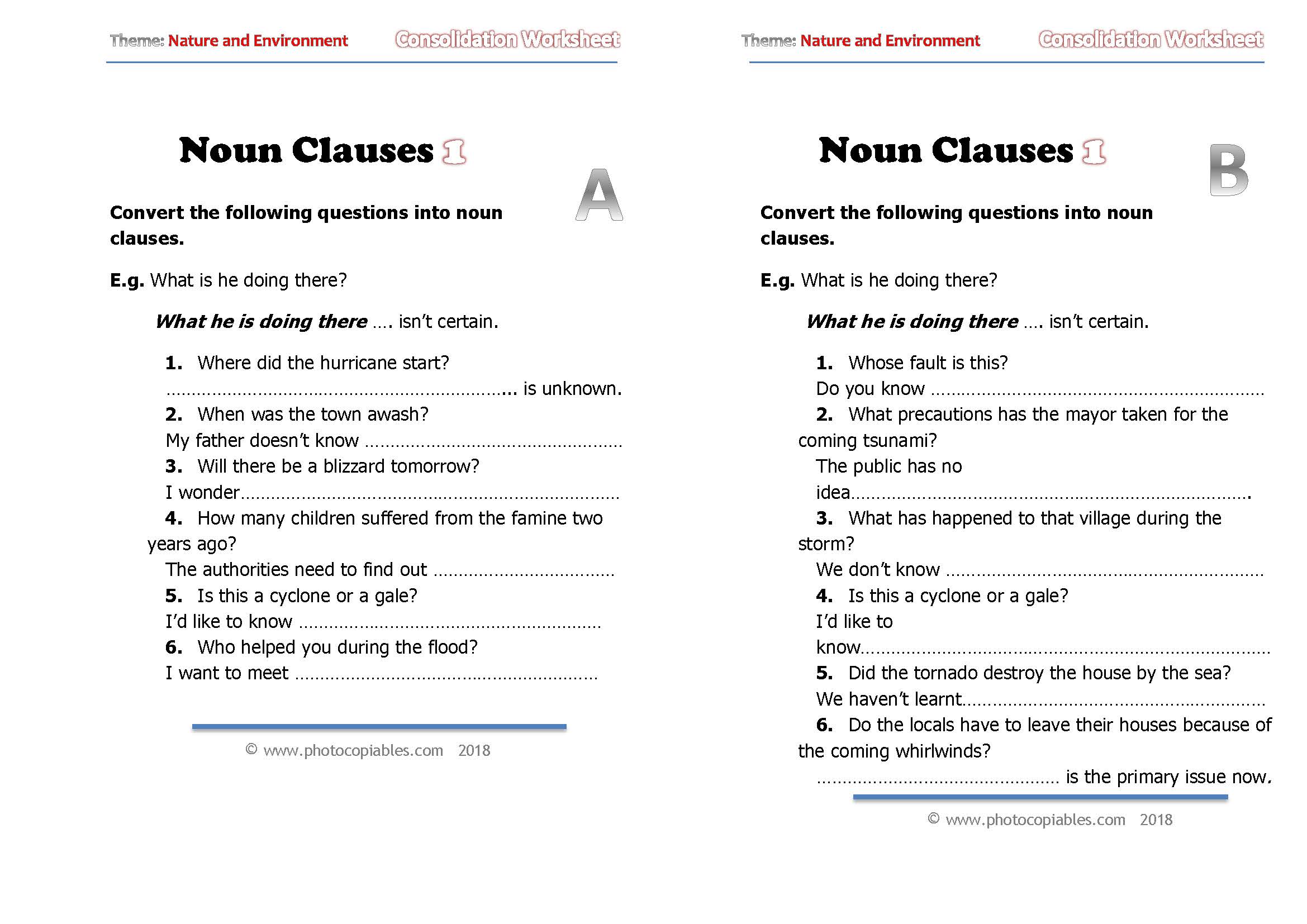 noun clauses consolidation worksheet 1_a-b versions