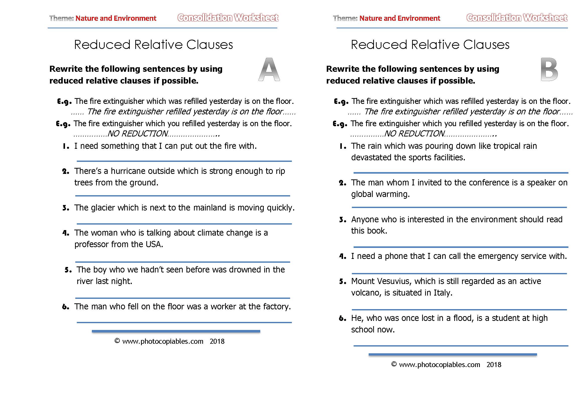 reduced relative clauses consolidation A and B worksheets