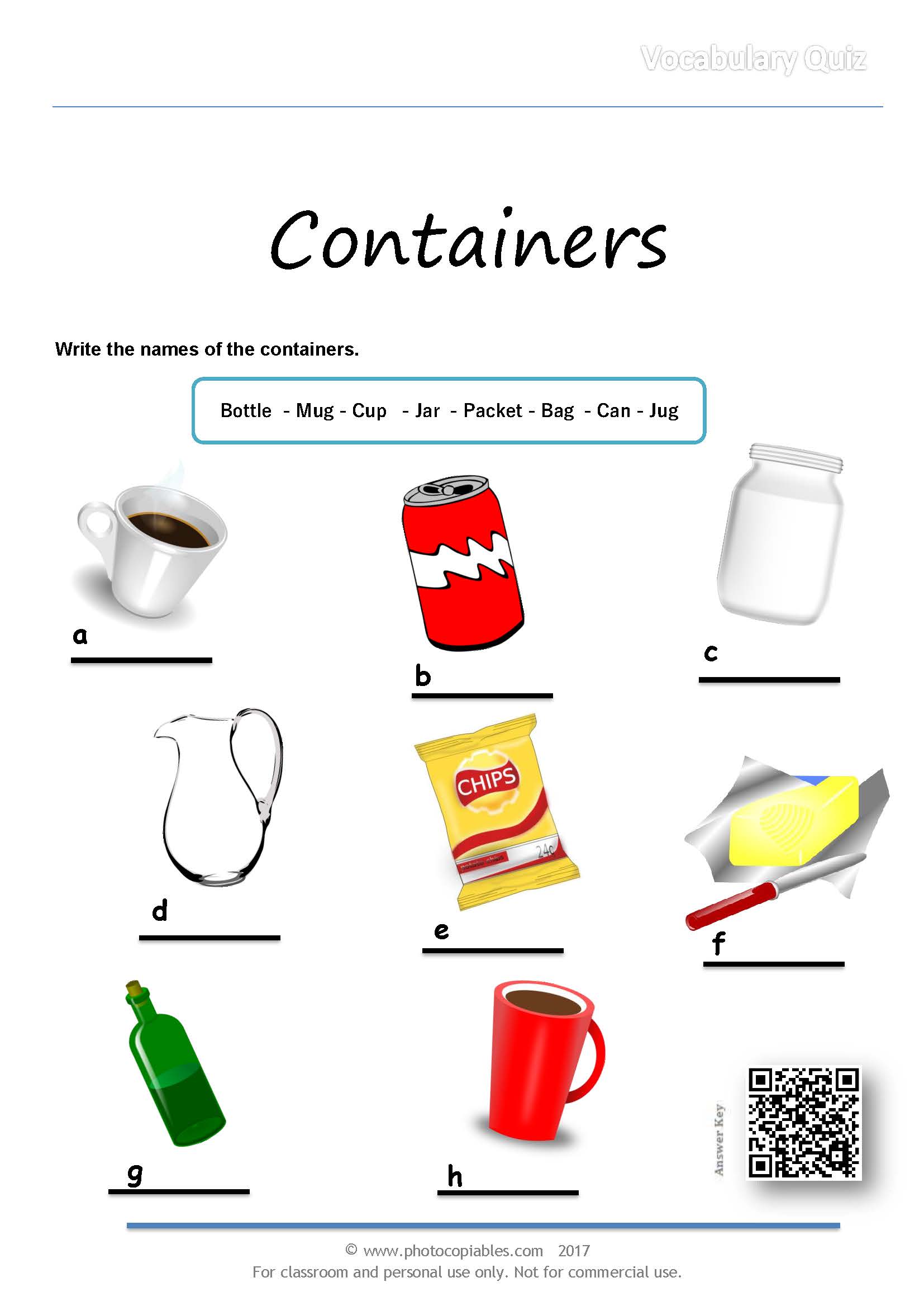 Containers Vocabulary Quiz photocopiables