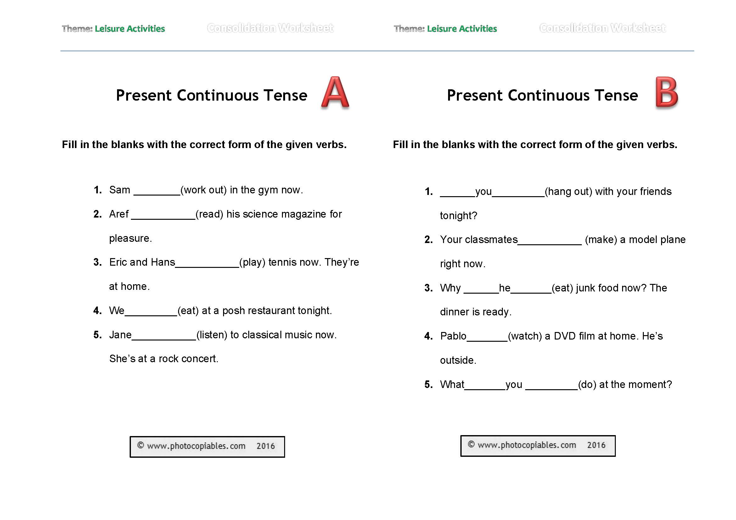 present continuous_leisure activities_consolidation worksheet_a-b_versions