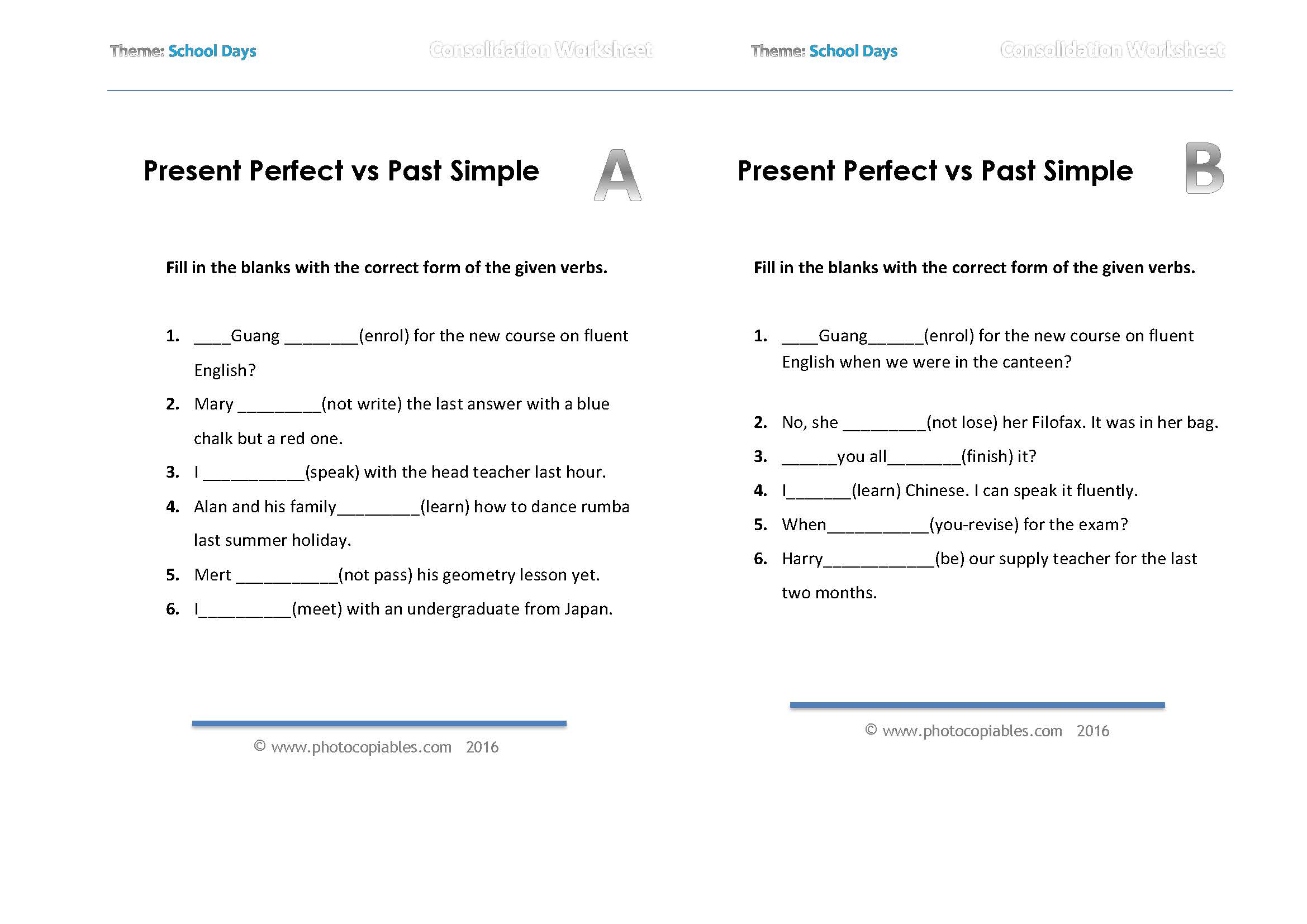 present perfect vs past simple_consolidation worksheet_a-b versions
