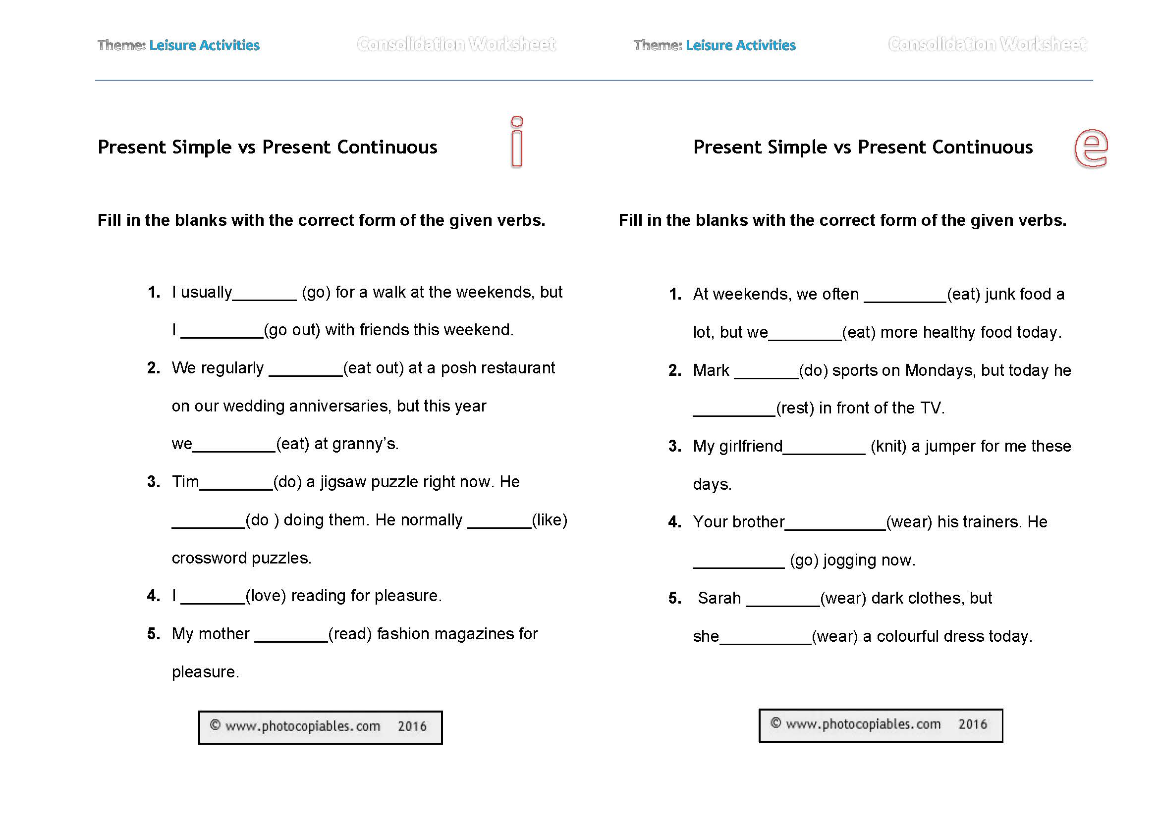 Present simple present continuous_leisure time activities_consolidation worksheet_a-b versions