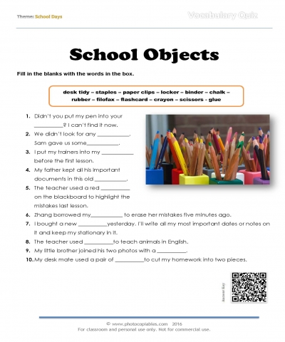 School objects vocabulary quiz